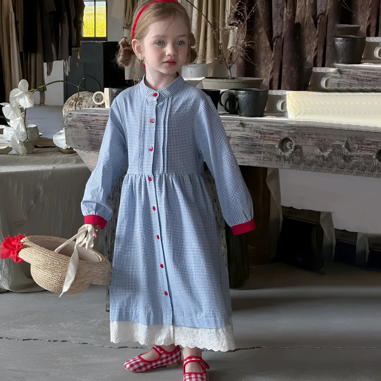 Blue plaid overknee long cotton dress for girls with button front, available for heights 90-130cm