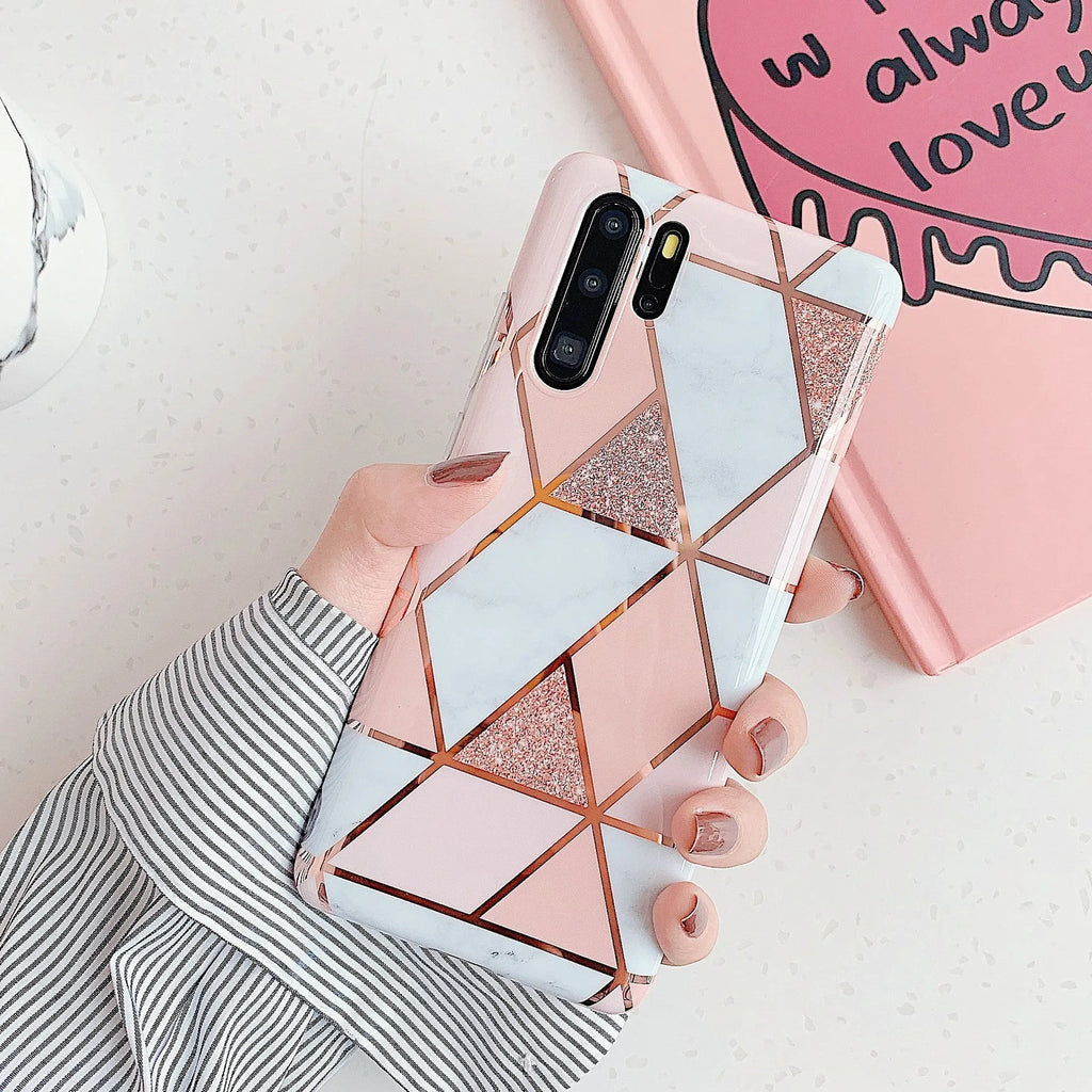 Electroplated marble finish TPU back cover case for Huawei and Samsung smartphones in multiple colours.