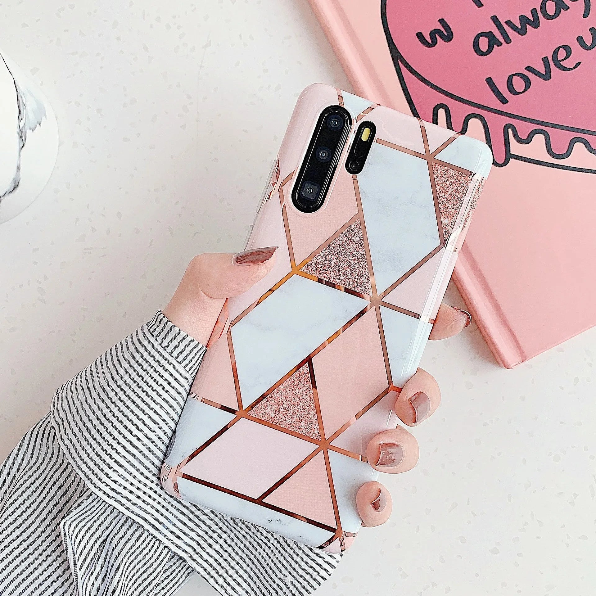 Electroplated marble finish TPU back cover case for Huawei and Samsung smartphones in multiple colours.