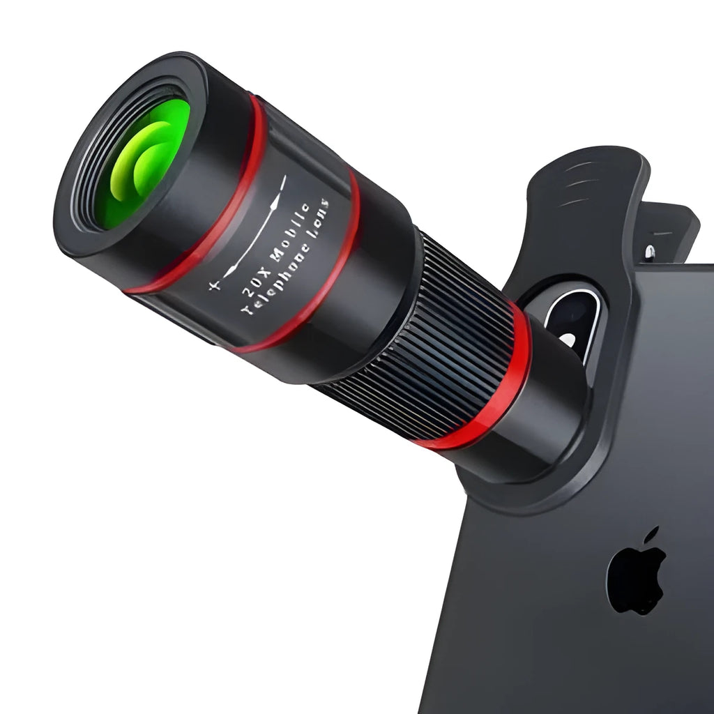 20x magnification smartphone telescope with plastic body, optical glass lens, and universal attachment clip.