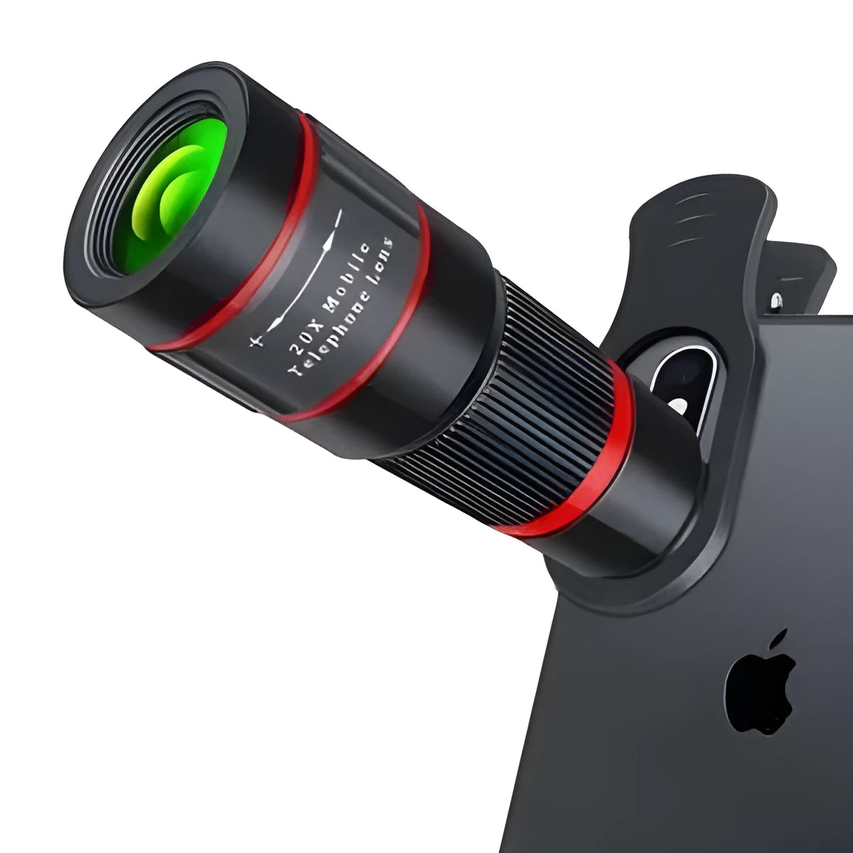 20x magnification smartphone telescope with plastic body, optical glass lens, and universal attachment clip.