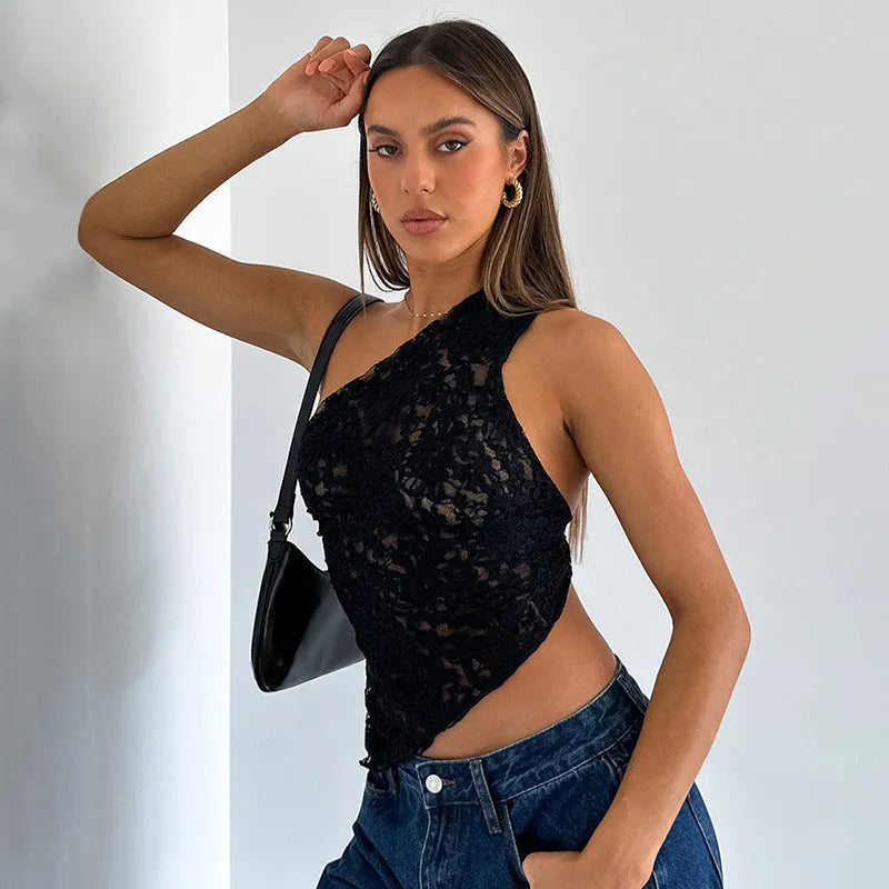 Women's lace backless sleeveless top with asymmetrical neckline in solid colour options
