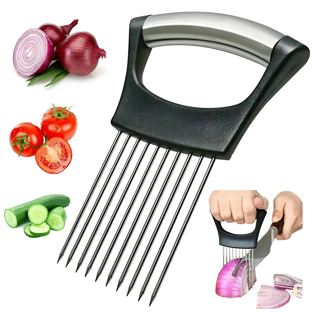 Stainless steel onion holder slicer with ABS handle measuring 14cm by 9.5cm