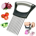 Stainless steel onion holder slicer with ABS handle measuring 14cm by 9.5cm