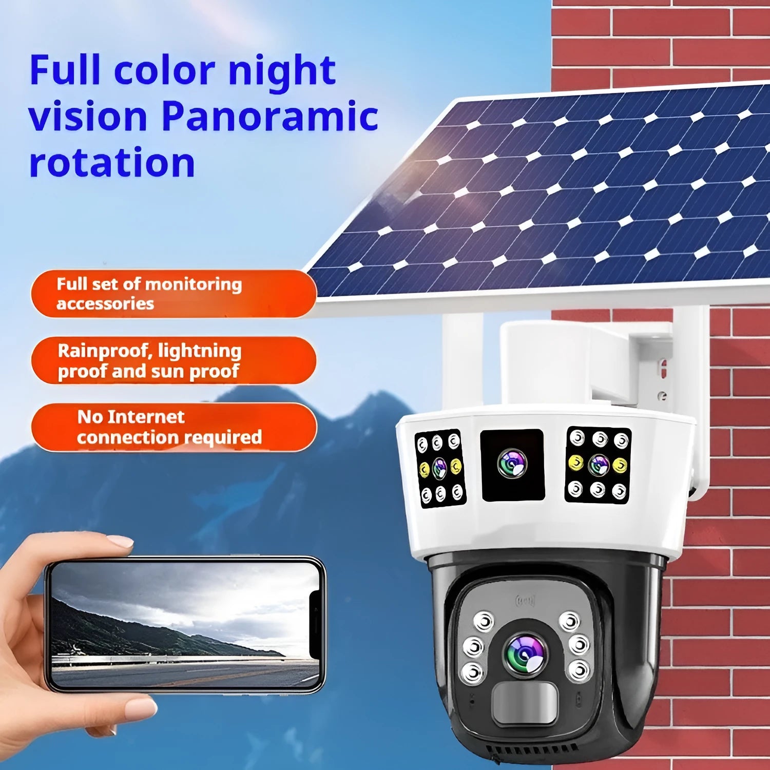 Solar-powered outdoor surveillance camera with three-screen display and waterproof housing