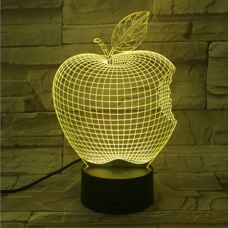 3D fruit-shaped colourful LED night light with acrylic shade and touch control.