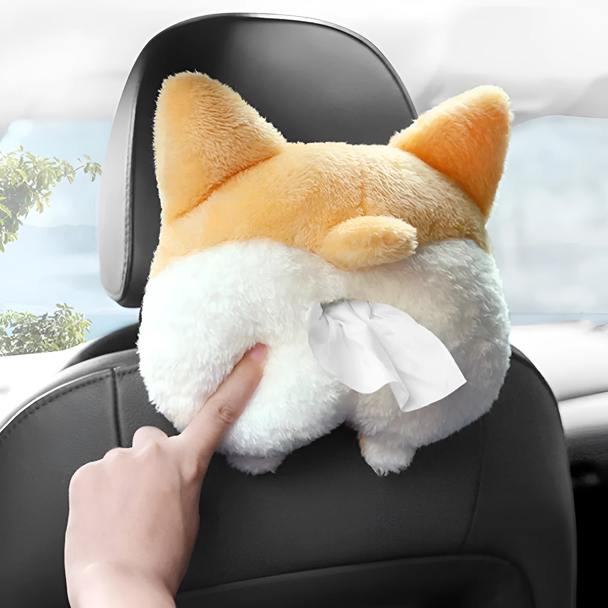 Yellow soft corgi butt-shaped tissue box cover with elastic strap for car sun visor