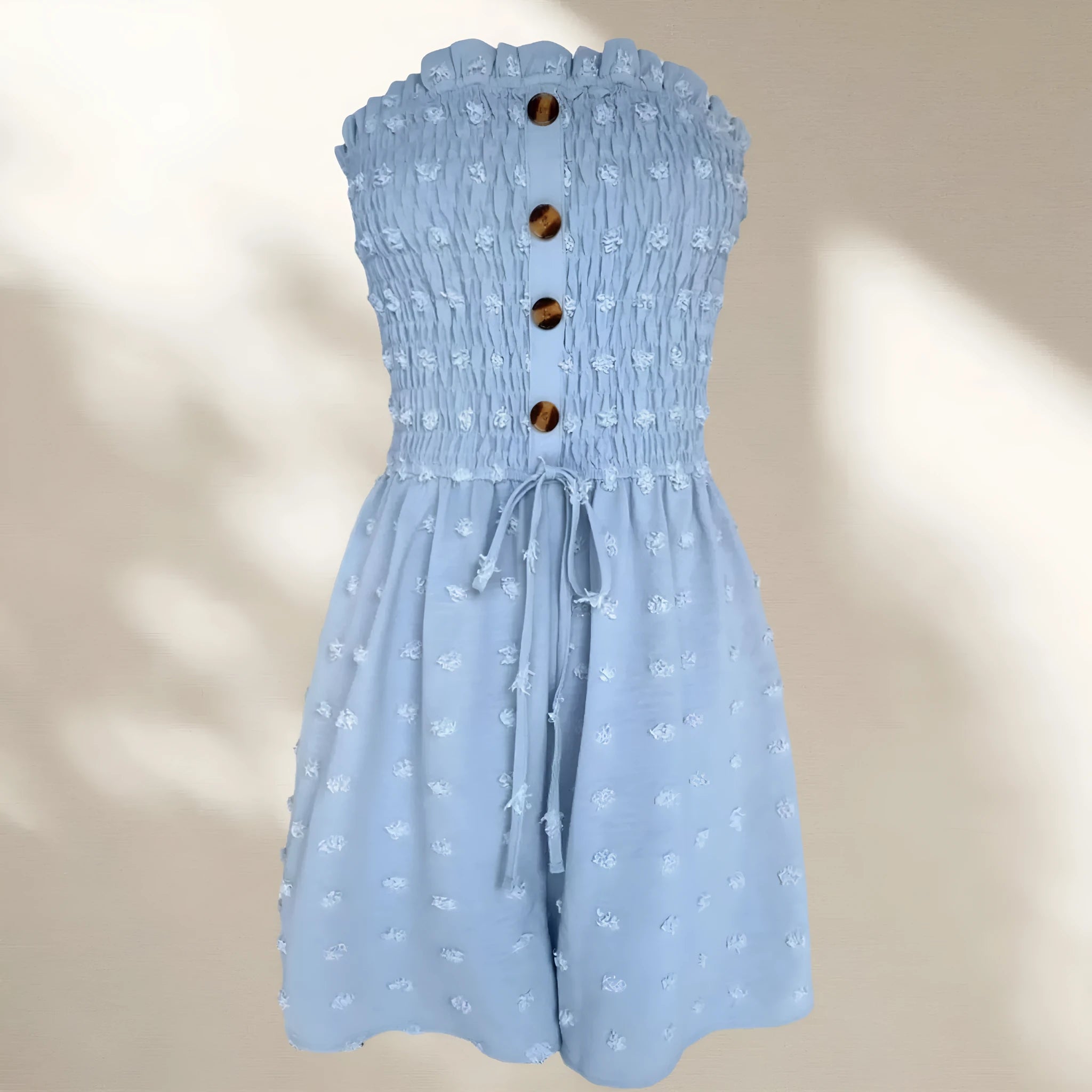 Women's off-shoulder sleeveless jumpsuit in blue solid colour with button detail