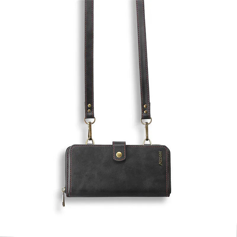 Detachable wallet style phone case with leather flip cover in black, blue, brown, or red colours