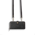 Detachable wallet style phone case with leather flip cover in black, blue, brown, or red colours
