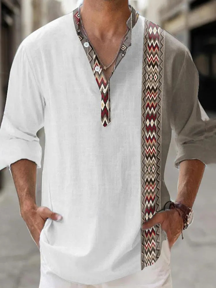 Men's thin Hawaiian long sleeve shirt in digital bamboo linen stripe pattern