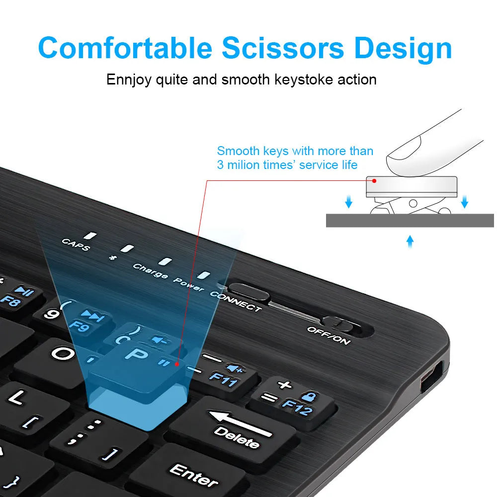 Black and white mini Bluetooth wireless keyboard shown in 7-inch, 9-inch, and 10-inch size options.