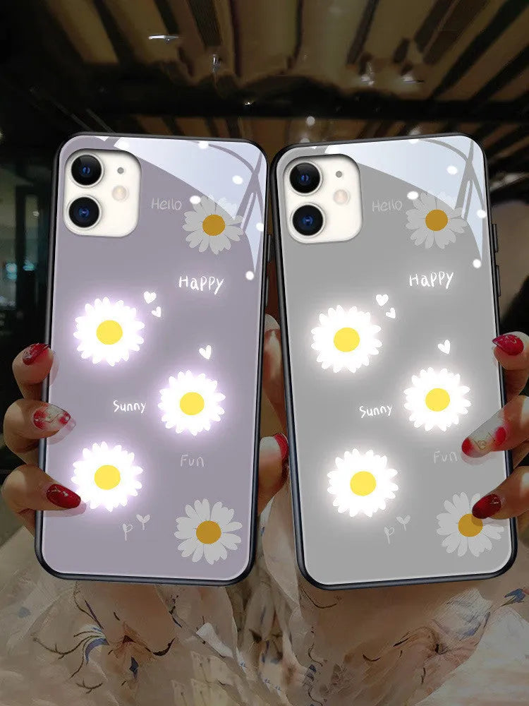 iPhone luminous phone case with voice-activated colour light and painted daisy designs on TPU protective shell
