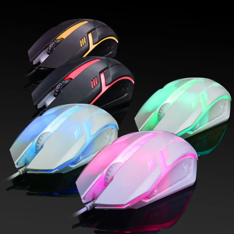 Wired LED computer mouse with glowing effects in black or white, showing 120mm size and USB cable
