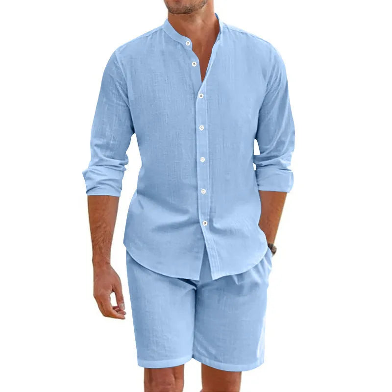 Men's summer short suit with lapel button-down shirt and drawstring shorts in hemp blend fabric