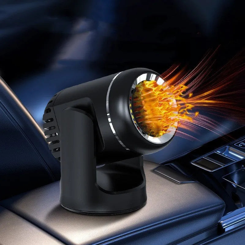 Black and white 12V portable car heater with three temperature settings for defrosting vehicle windscreens