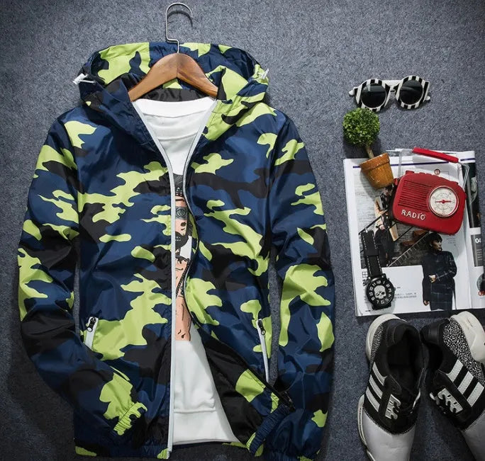 Covrlge men's camouflage hooded jacket with luminous zipper spring casual coat MWJ011 in green colour front view