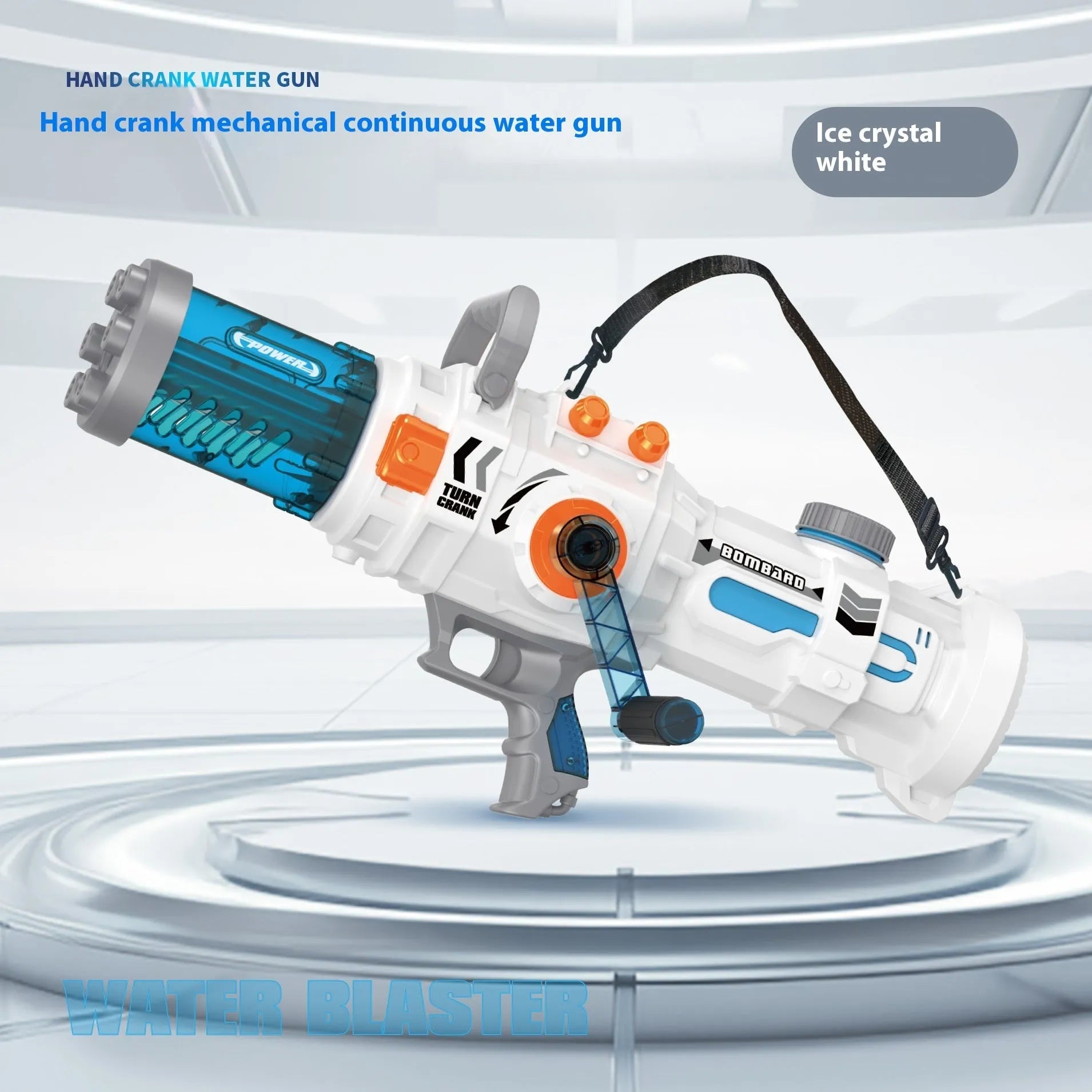Hand-cranking gatling water gun with 1000ML capacity in blue and white plastic