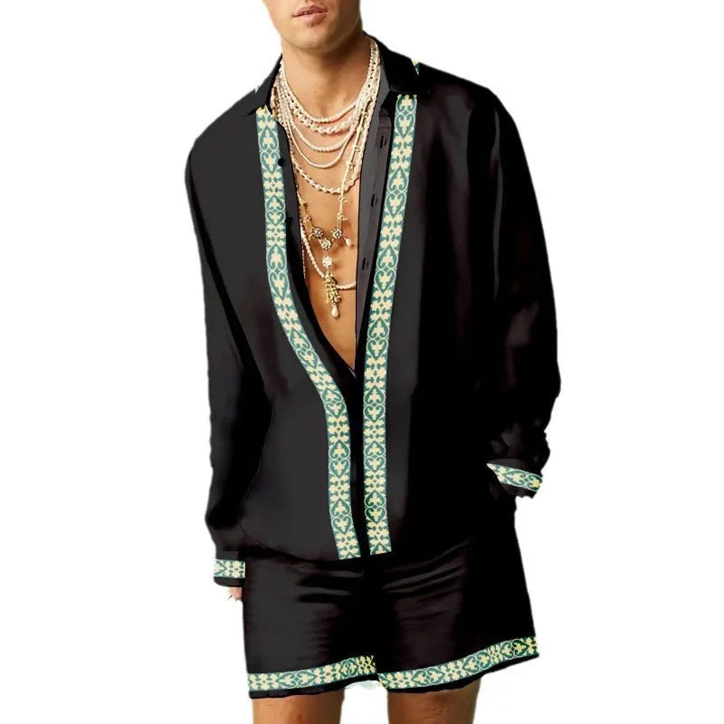Men's slim fit polyester shirt and shorts set in colour matching pattern for summer casual wear