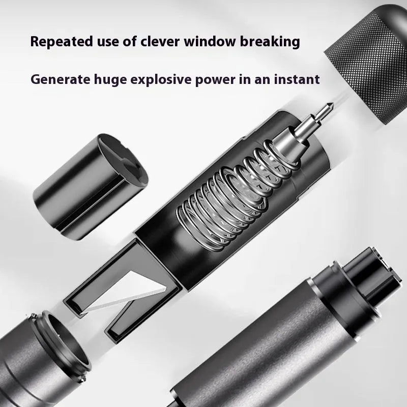 Gun grey aluminium alloy car safety hammer with seatbelt cutter measuring 87mm long