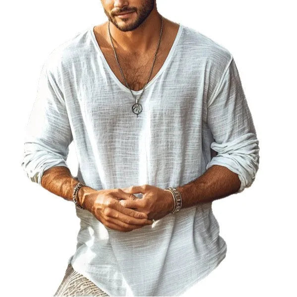 Beige V-neck long-sleeved slim fit T-shirt made from hemp blend polyester fabric