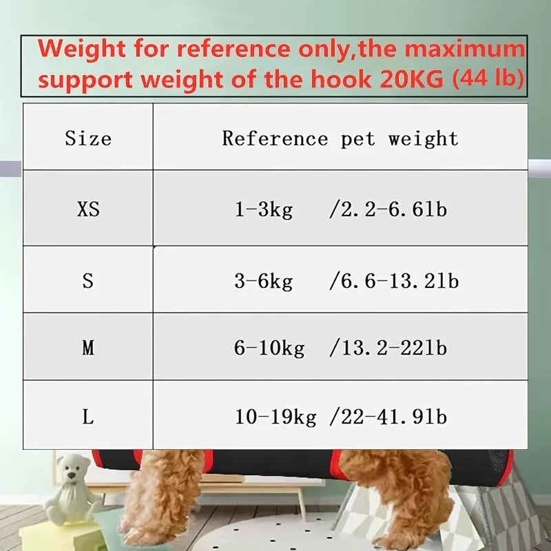 A pet grooming hammock restraint bag suspending a small dog, showing access points for paws during nail trimming.