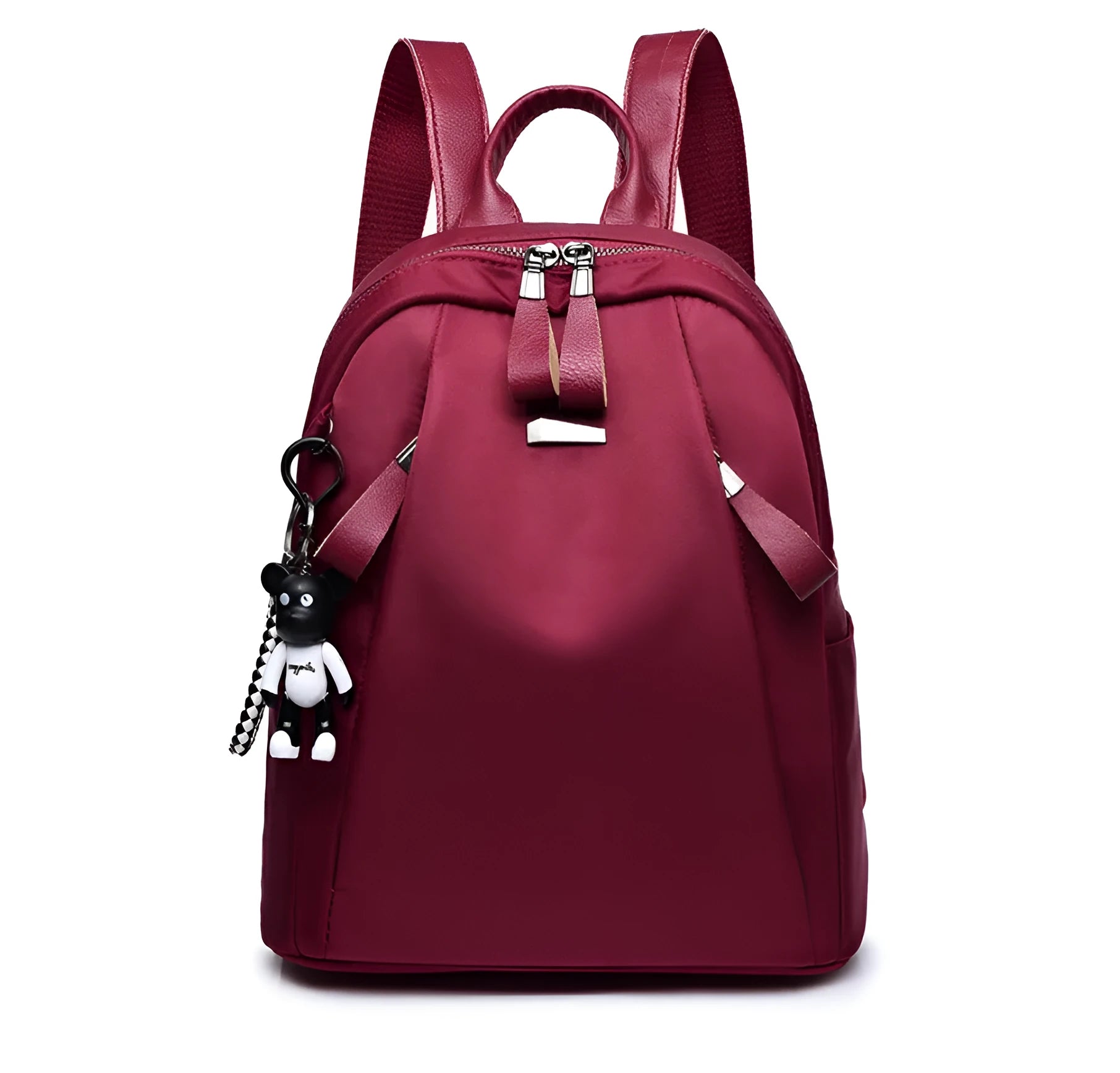 Medium-sized grey Oxford cloth rucksack with double straps, shown open to reveal internal phone and ID pockets.