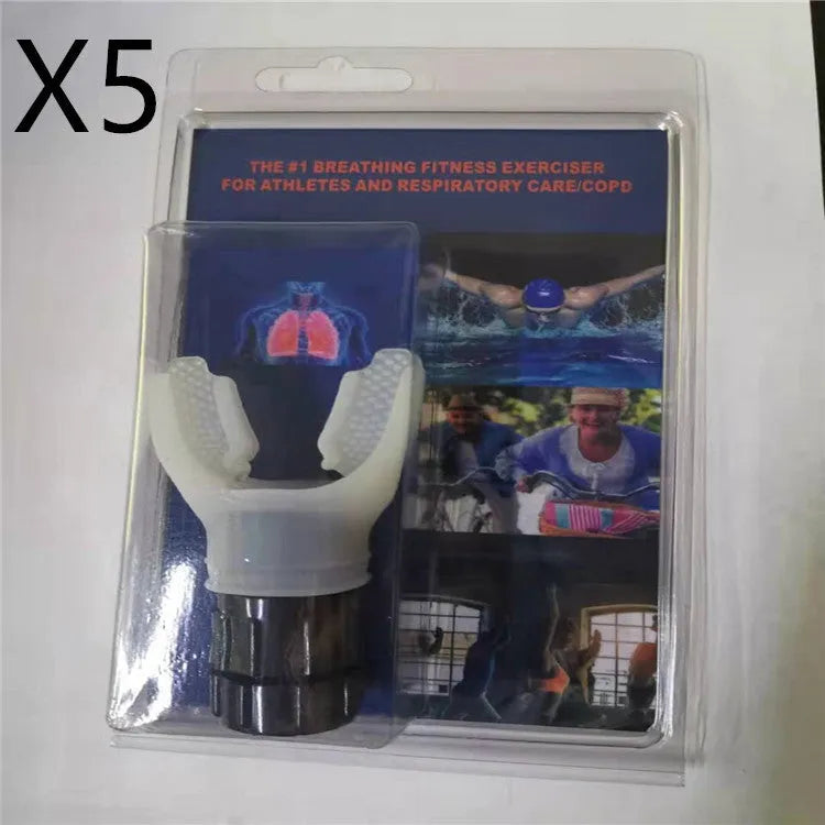 Breathing trainer respirator in white and black with silicone mouthpiece and adjustable resistance dial