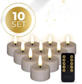 Four taupe-coloured S10 3D Flame LED Tealight Candles with realistic flickering effect