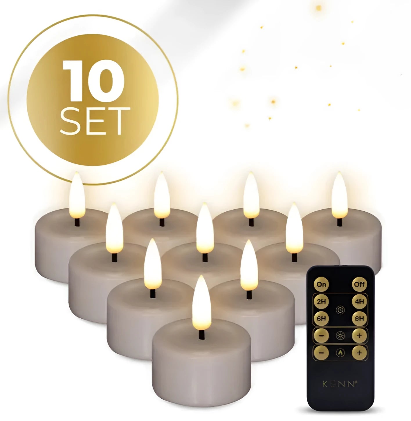 Four taupe-coloured S10 3D Flame LED Tealight Candles with realistic flickering effect