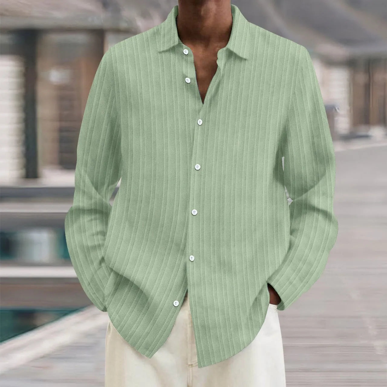 British style loose fit men's cardigan with long sleeves and a striped 3D pattern.