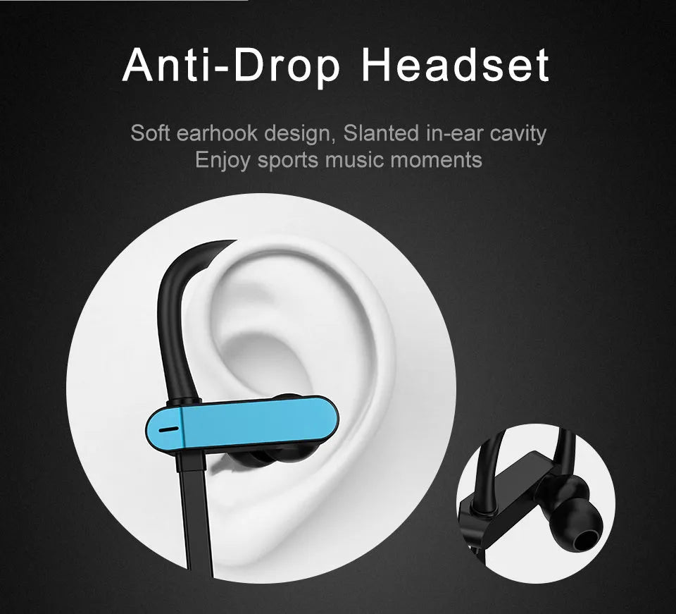 Black and blue sport earphones with over-ear hooks and silicone earbuds, showing the in-line microphone.