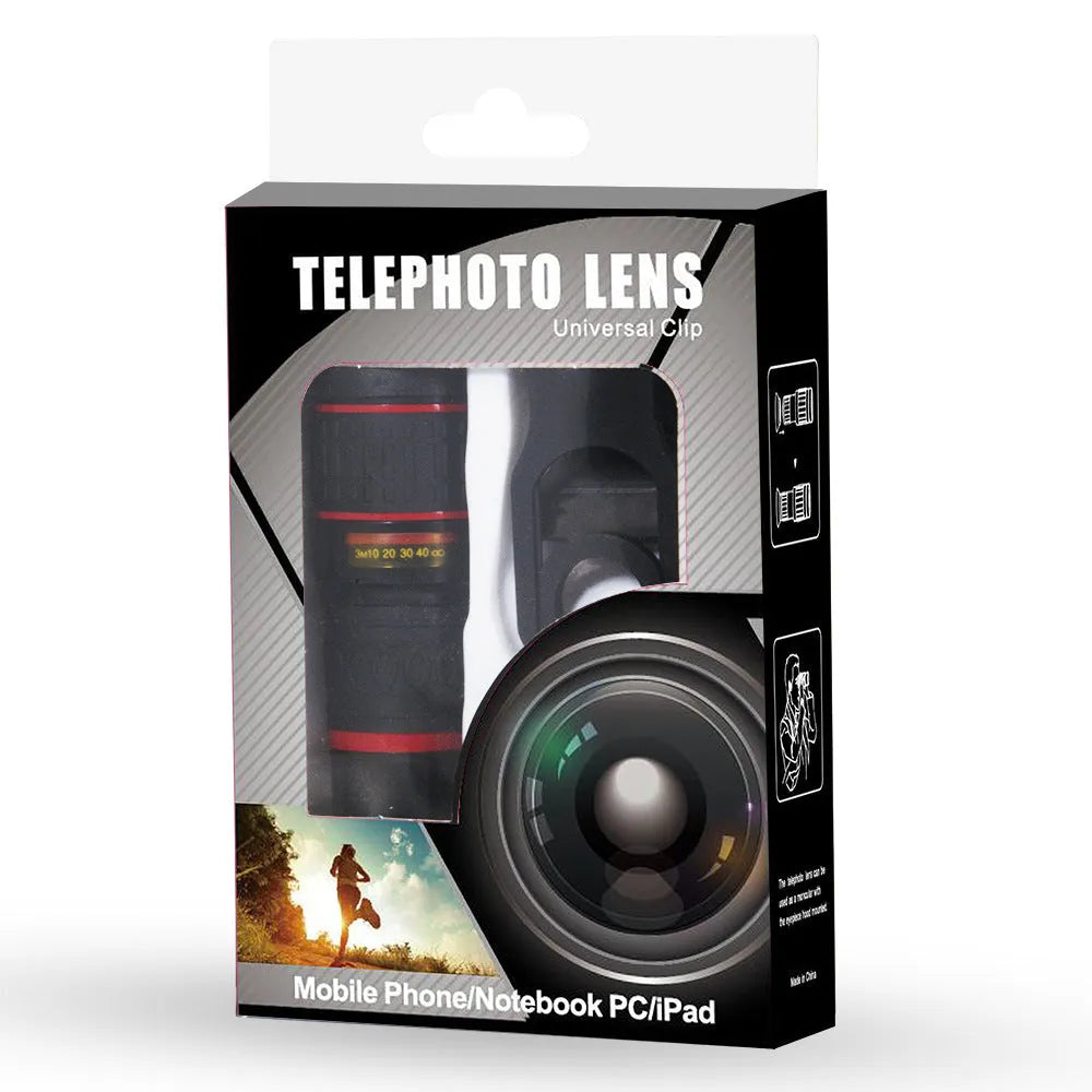 20x magnification smartphone telescope with plastic body, optical glass lens, and universal attachment clip.