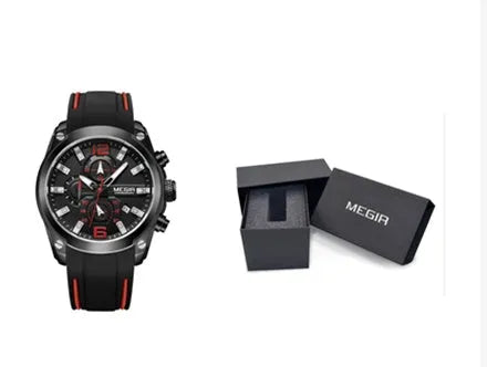 Multifunctional sports watch with black silicone strap, 46mm dial, and mineral glass face
