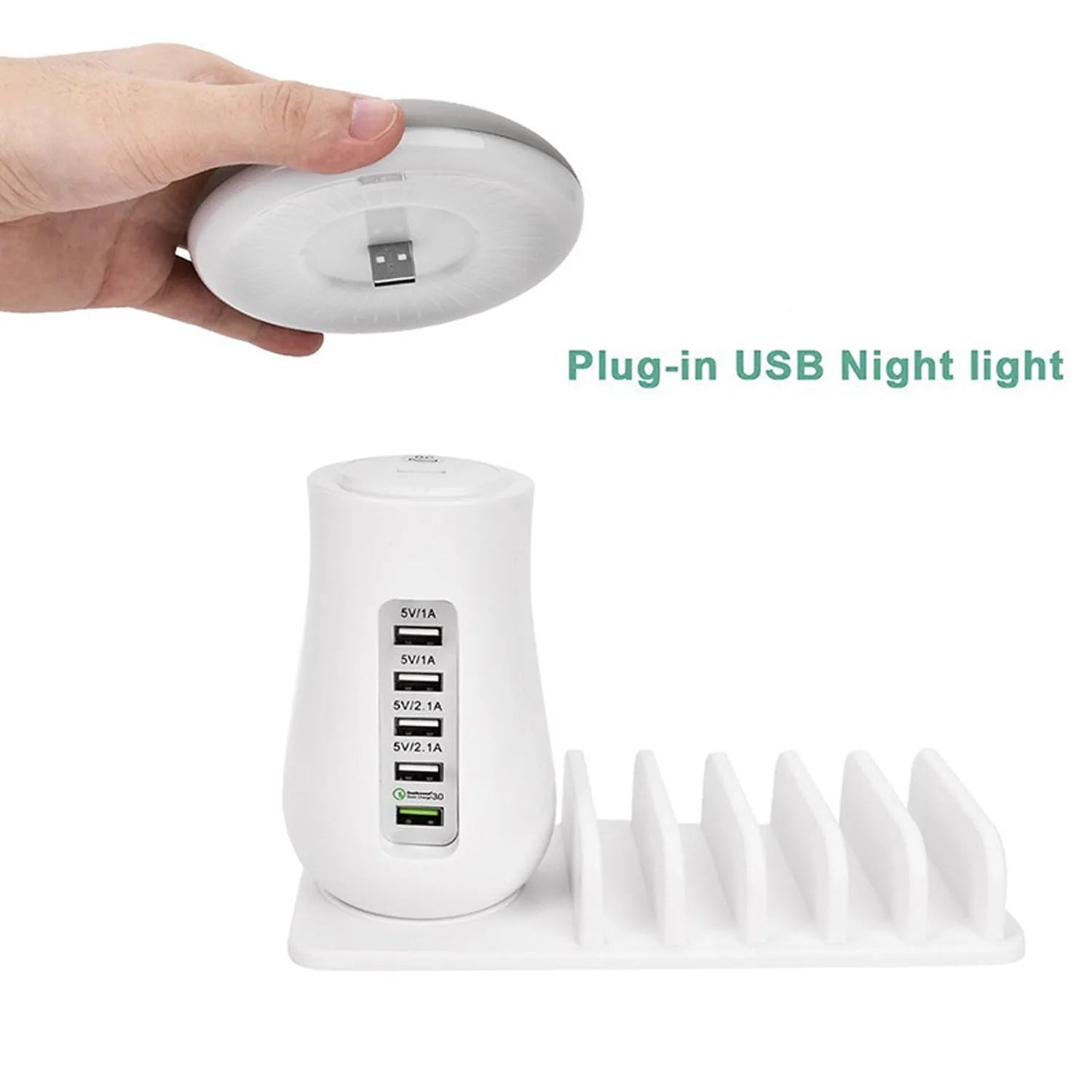 White mushroom-shaped LED desk lamp with 5 USB charging ports at its base on a wooden table.