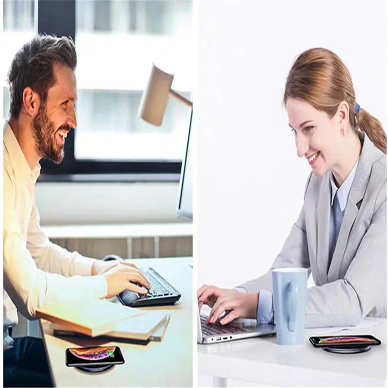 Black or white aluminium wireless charging pad showing soft LED light, for phones and headphones.