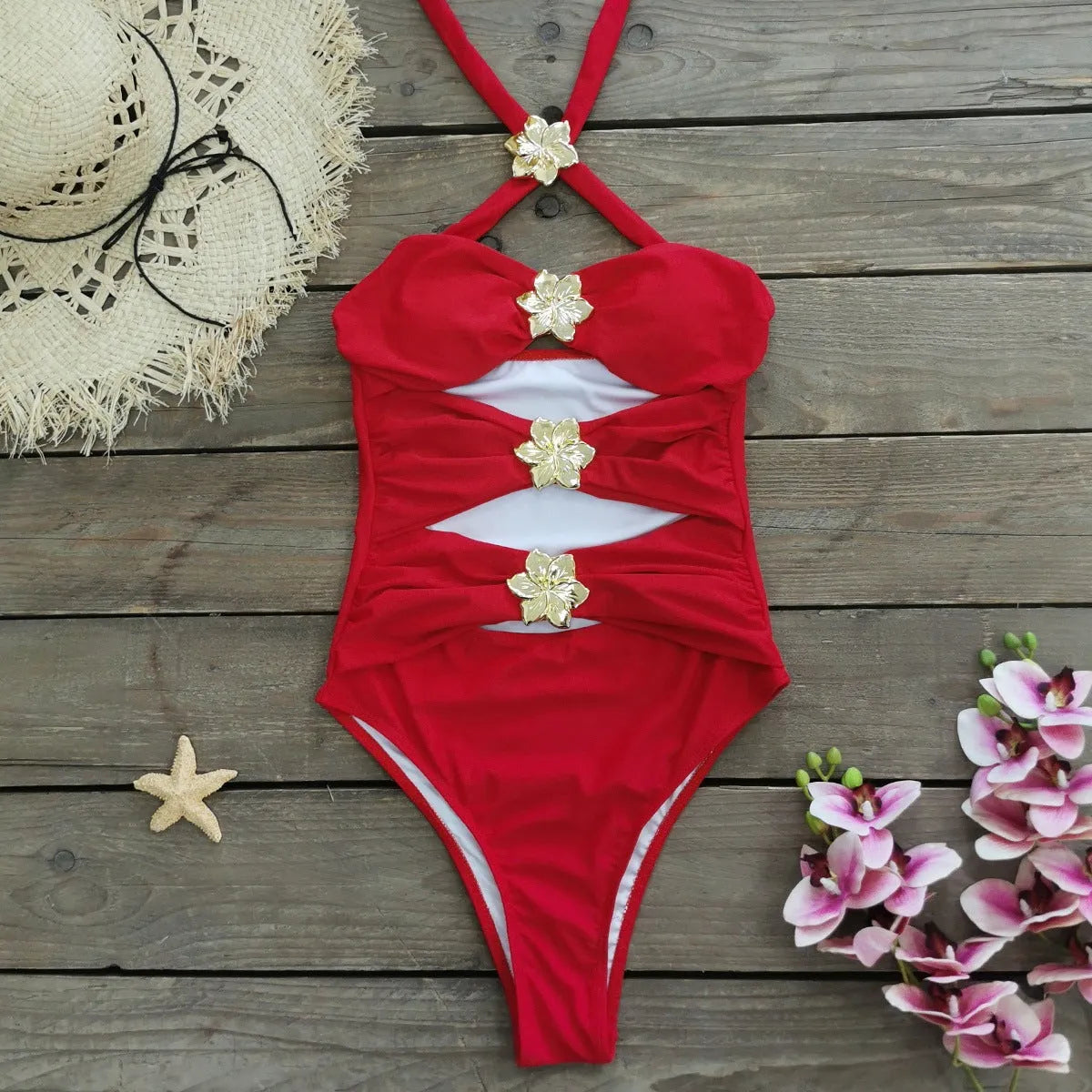 Women's solid colour one-piece swimsuit with hollow-out tube top and detachable matching skirt
