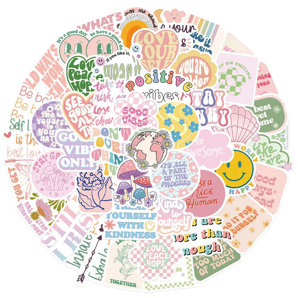 Self-adhesive motivational statement stickers in Danish pink graffiti colour with cartoon patterns, 4-6cm, pack of 50.