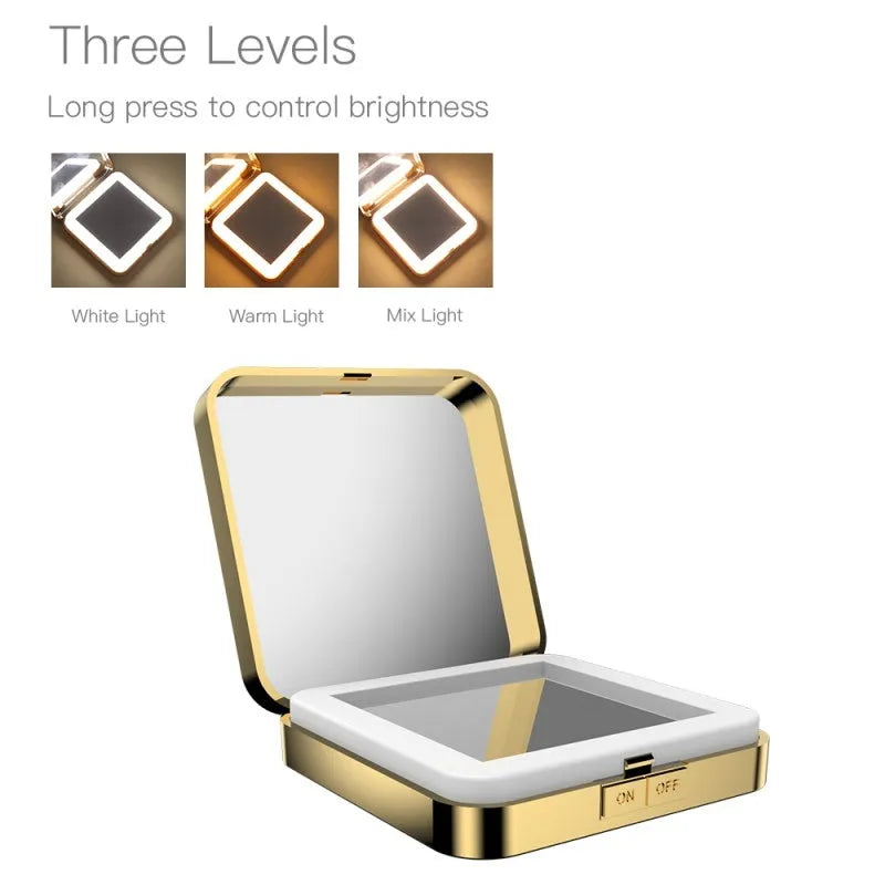Black and white lighted makeup mirror with 4x magnification lens and adjustable LED lighting