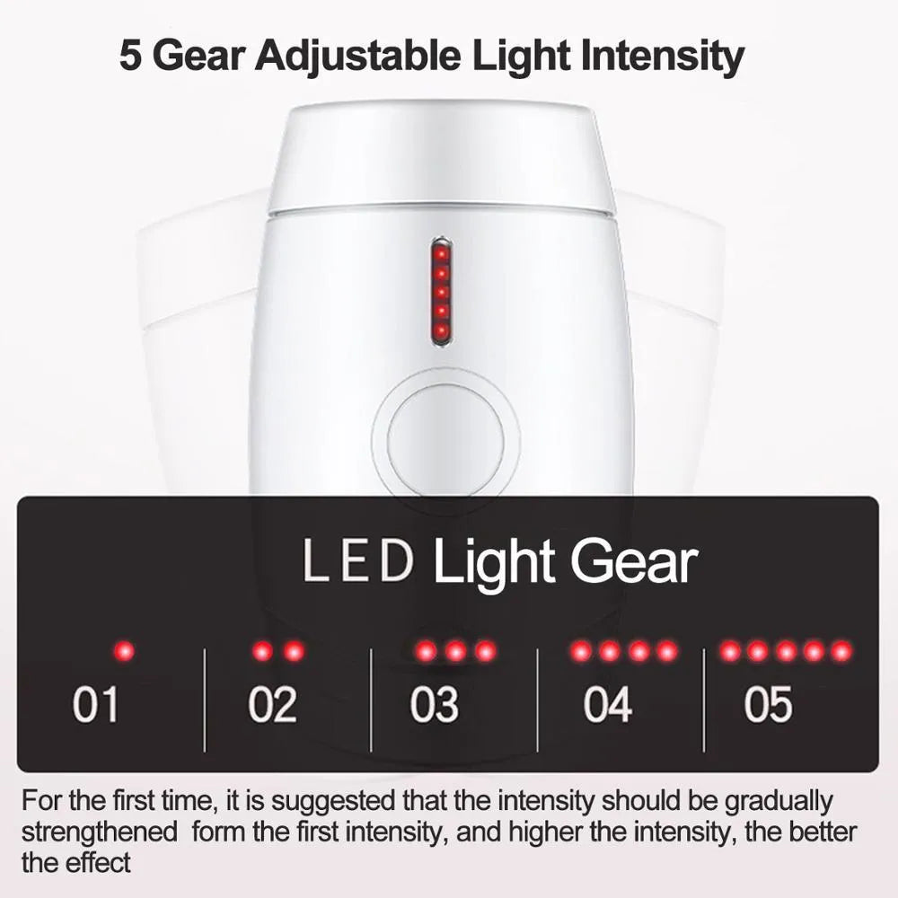 White home IPL laser hair removal device on a table showing its compact size and control buttons.