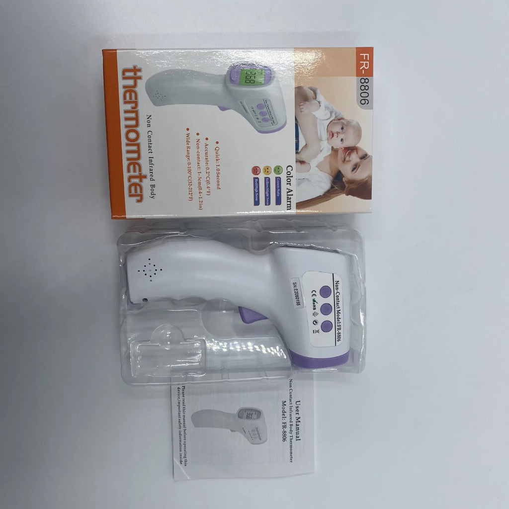 White digital thermometer with non-contact temperature measurement capability and electronic display