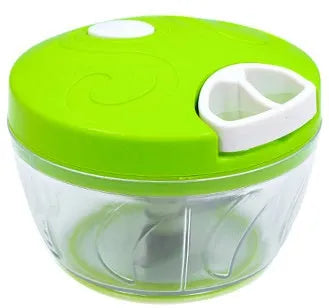 Green manual kitchen chopper with three blades, measuring approximately 13cm long