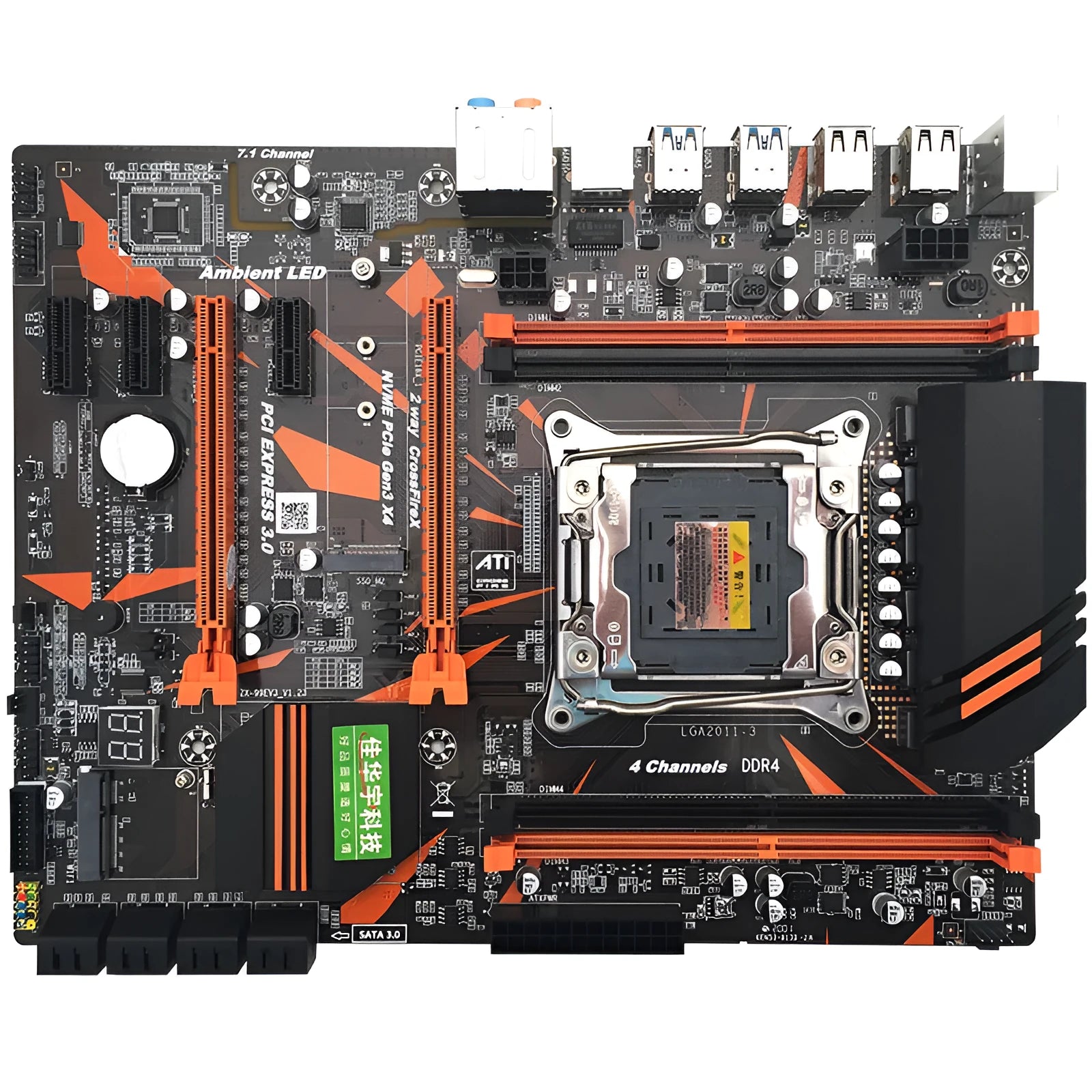 Black Intel X99 LGA2011-3 ATX motherboard with four DDR4 slots, dual PCI-E x16, and M.2 interface.