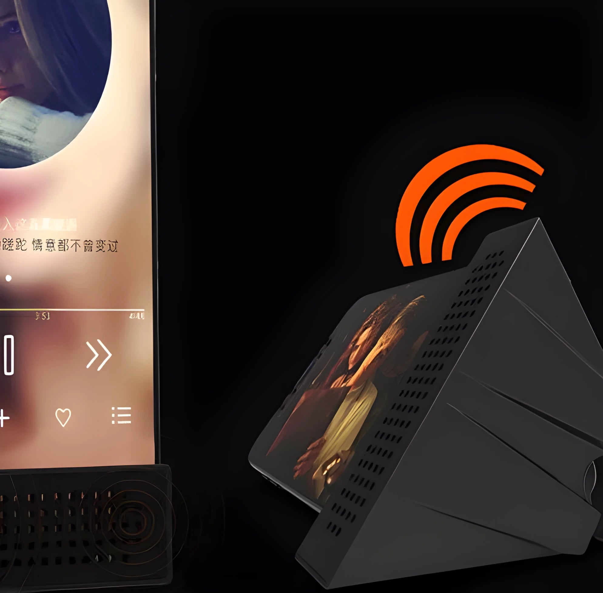 A portable black ABS plastic mobile phone amplifier bracket holding an iPhone.