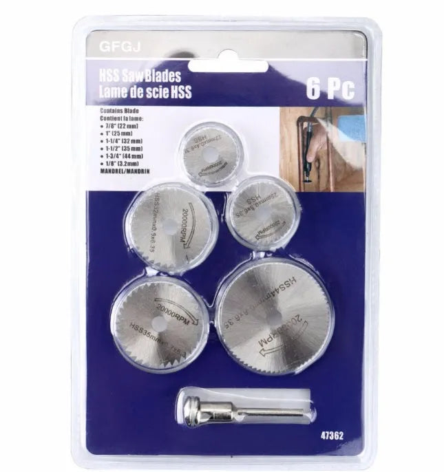 Set of 6 circular saw blades with mandrel, high-speed steel construction with 15mm inner diameter