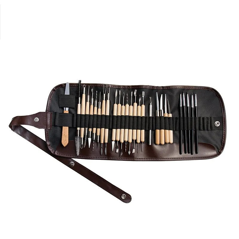 27-piece pottery clay tool set with wooden handles and stainless steel tools for sculpting