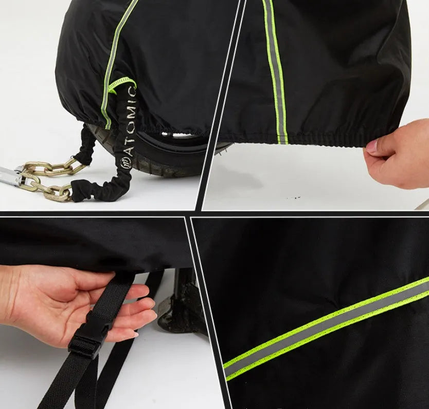 Thick nylon PVC coated motorcycle cover in black green, size L, on a dark background
