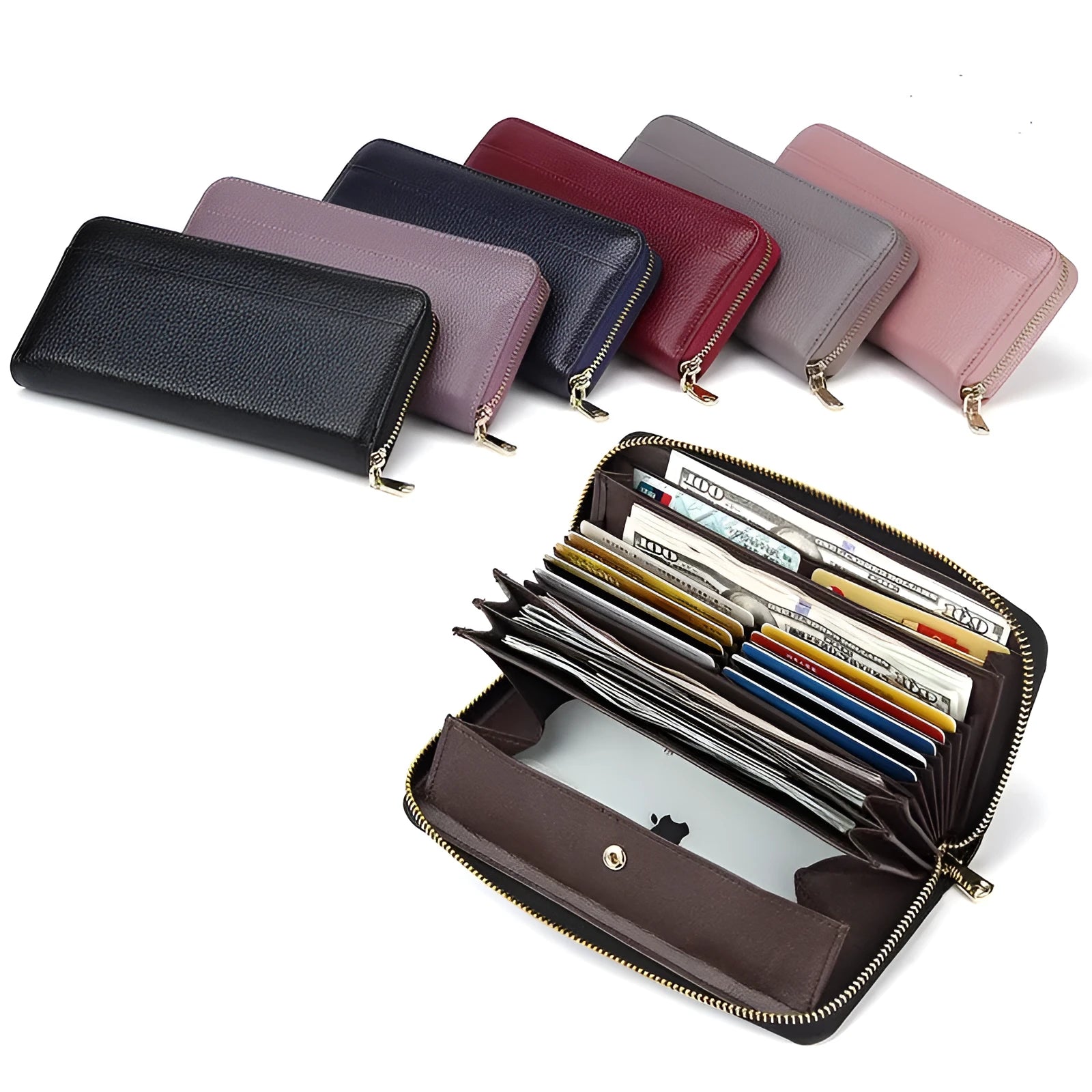 Genuine leather long wallet for women with anti-theft card slot in multiple colour options