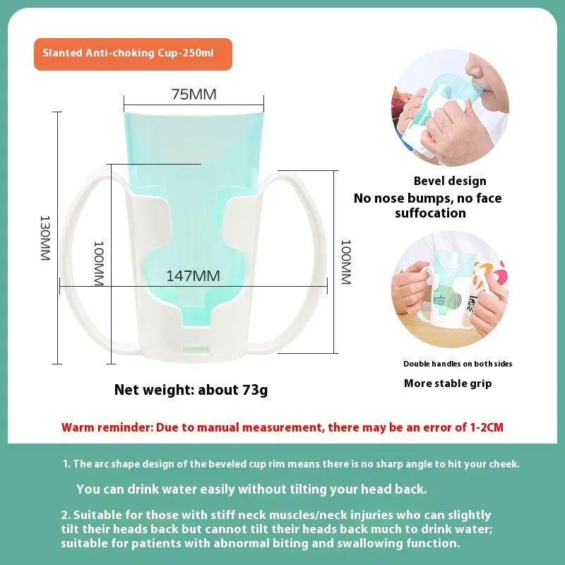 Oblique mouth choke-proof drinking cup with lid and handle, showing optional wrist splint attachment