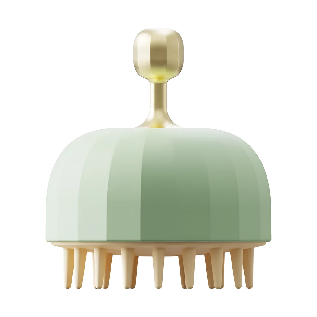Green pet bath massage brush with dual-sided head and drain holes for dog and cat grooming